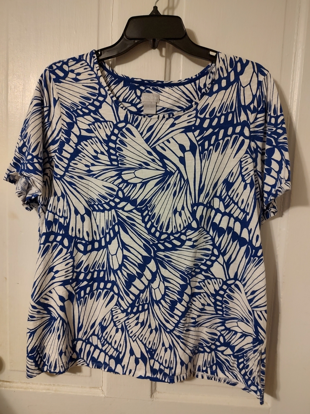 Chico's Blue and White Butterfly-Pattern Short Sleeve Tee